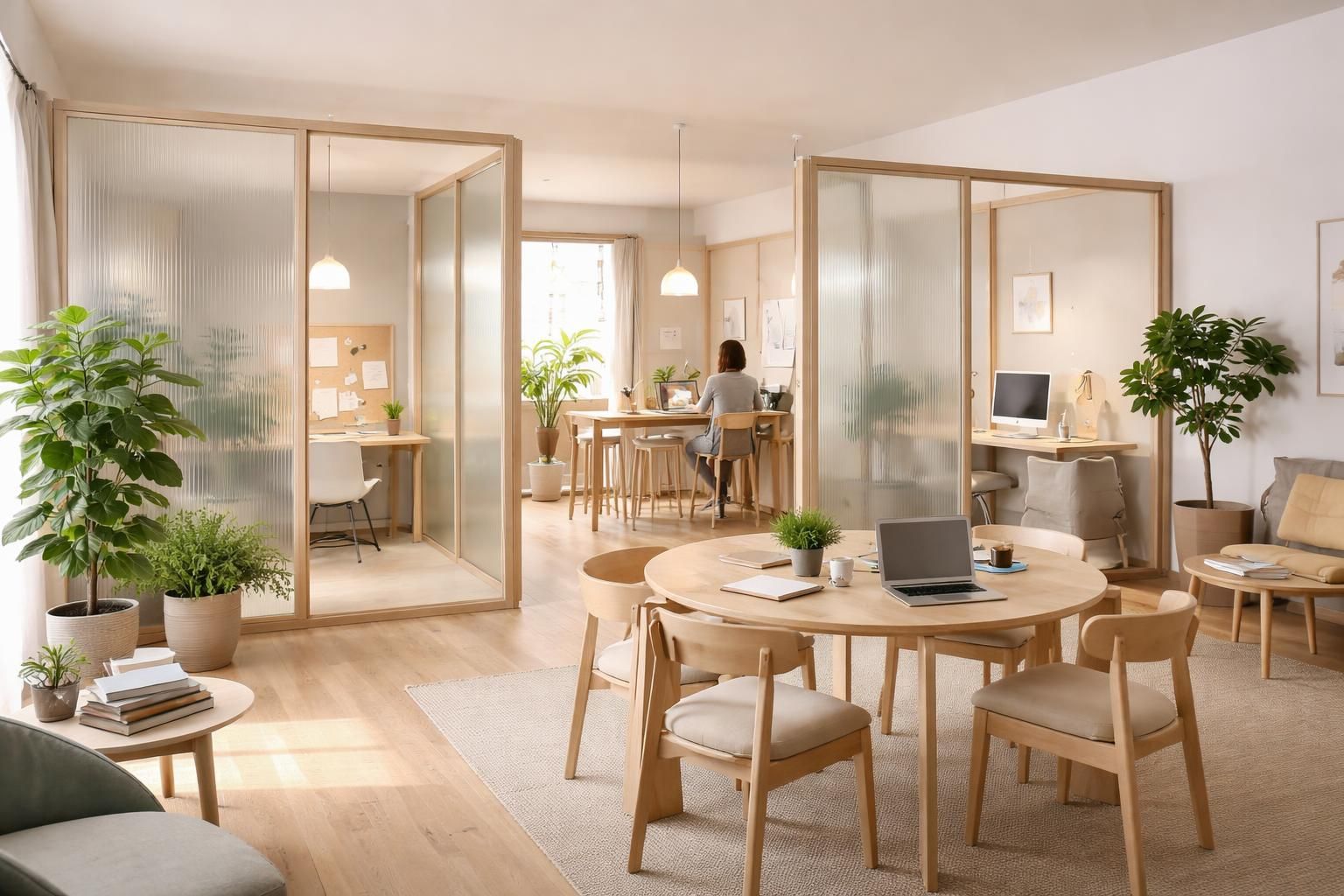 découvrez nos espaces de coworking à domicile optimisés, équipés de cloisons acoustiques pour un confort sonore optimal et de mobilier collaboratif favorisant la productivité et la créativité.