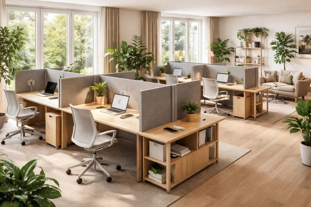 Espaces de coworking à domicile optimisés avec cloisons acoustiques et mobilier collaboratif